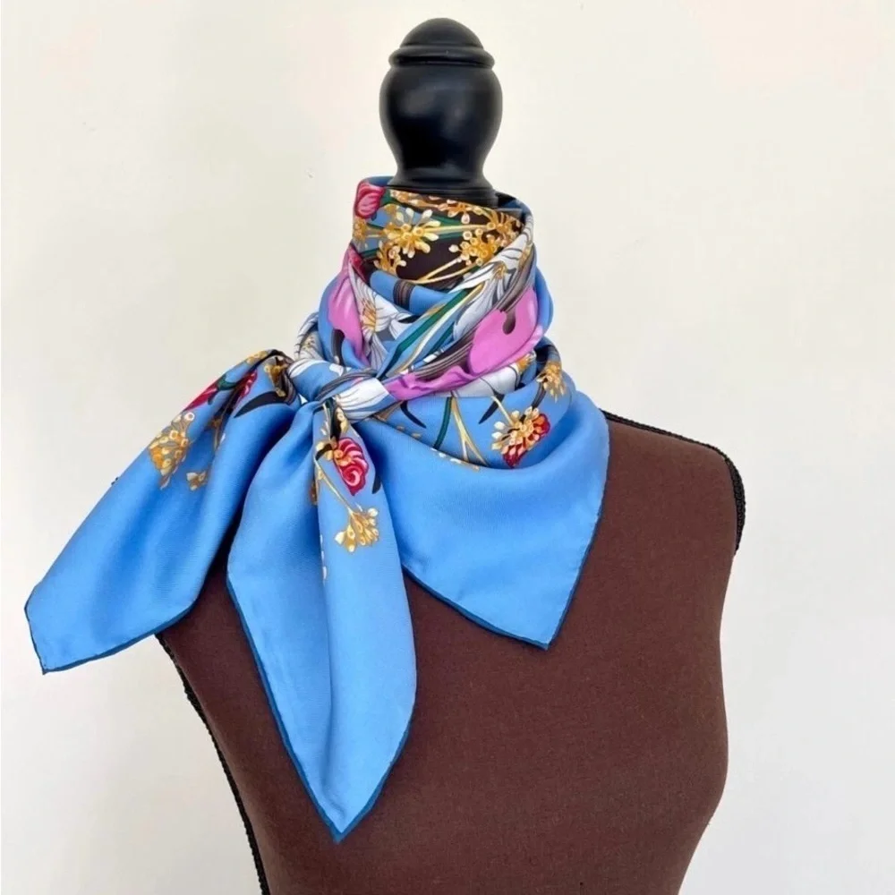 Salvatore Ferragamo Blue and Pink Floral Silk Scarf